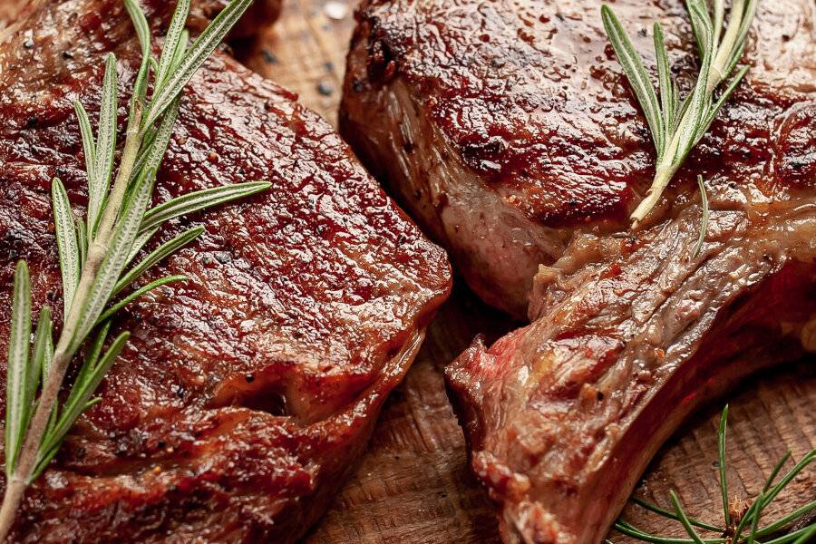 Christmas dinner for two, grilled beef steak ribeye, herbs and s