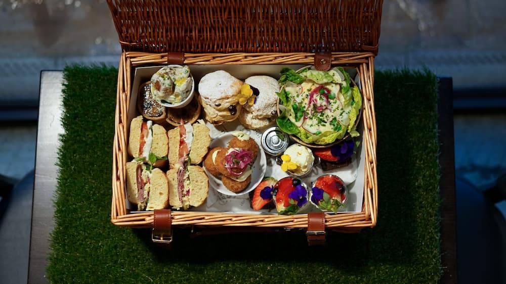 Top down view of the contents of the afternoon tea basket