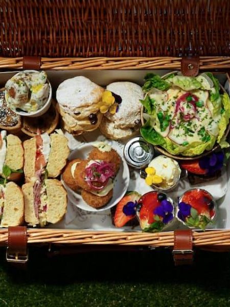 Top down view of the contents of the afternoon tea basket